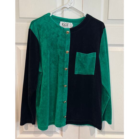 The Knit Connection by Russ Tops - Vintage Knit Connection Velvet Colorblock Top Blouse Green Black Button Glam